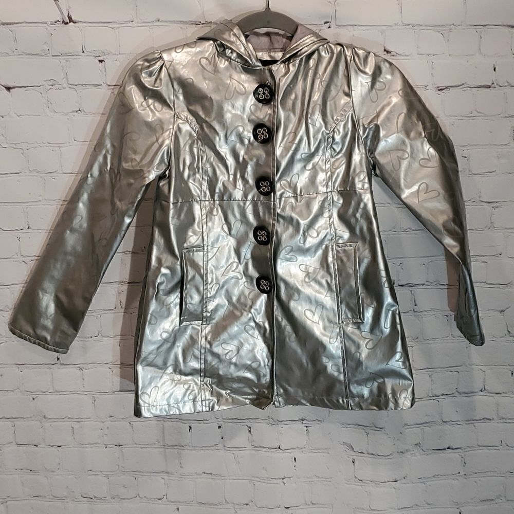 me jane kids girl's silver hooded button front raincoat - Picture 1 of 6